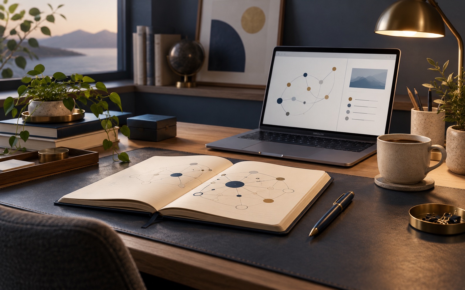 A quiet workshop desk with a notebook, connected knowledge map, laptop and coffee in warm lamplight.